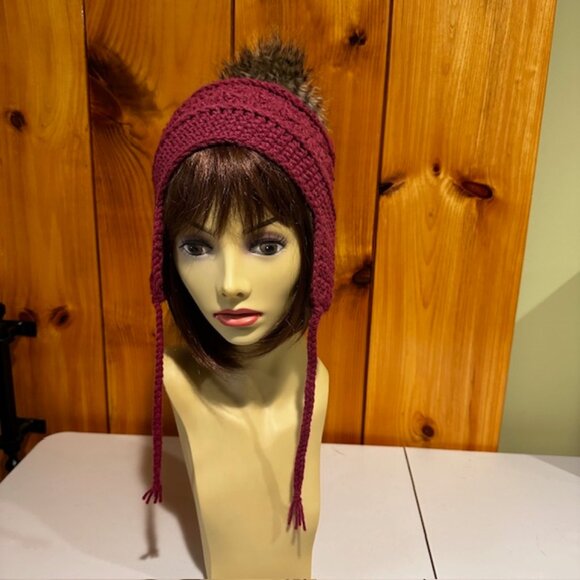 Wine Burgundy Hand Knit / Crochet Beanie with earflaps and Fur Pom Pom NEW - Picture 2 of 6